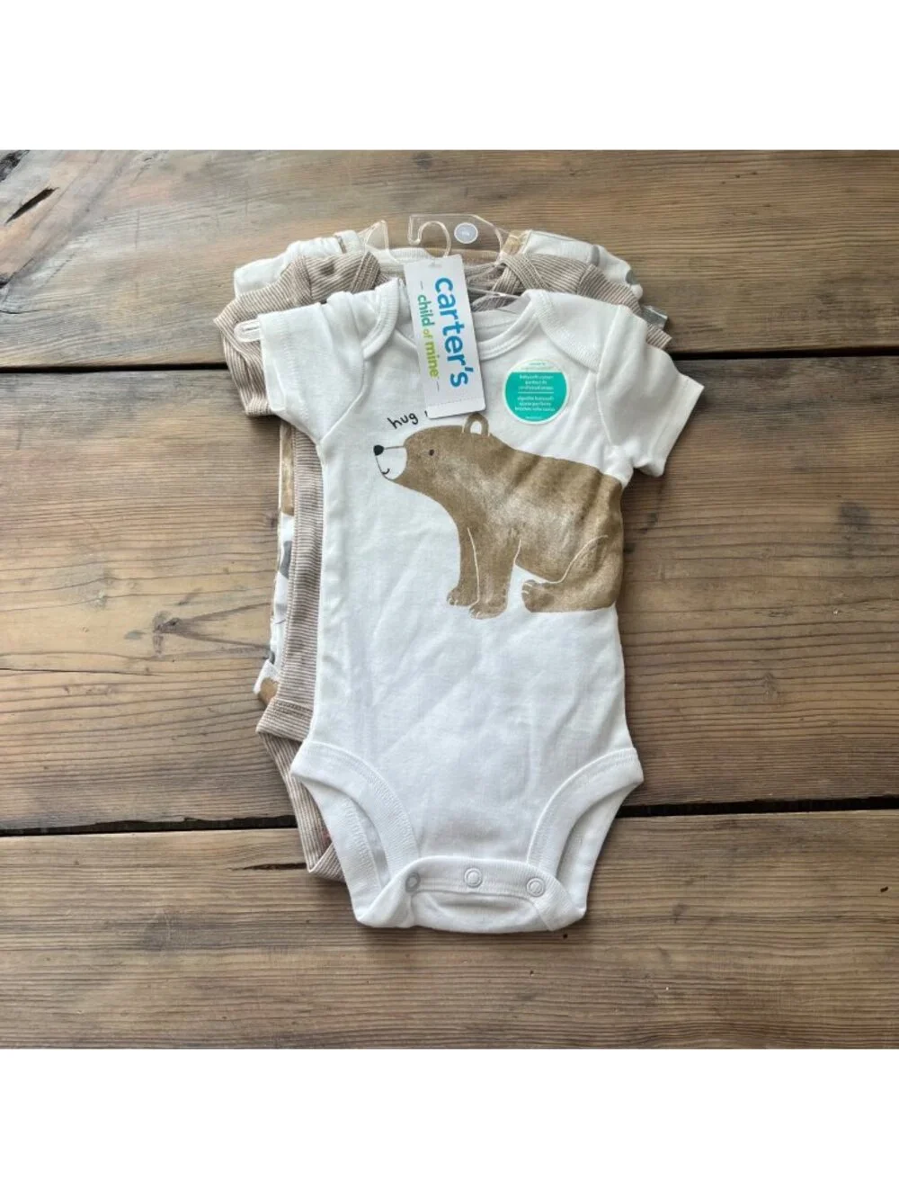Carter's Child of Mine Bodysuits Newborn Tan Bears Stripes 100% Cotton